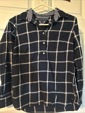 Tommy Hilfiger Navy and White Windowpane Plaid Button-Down Top